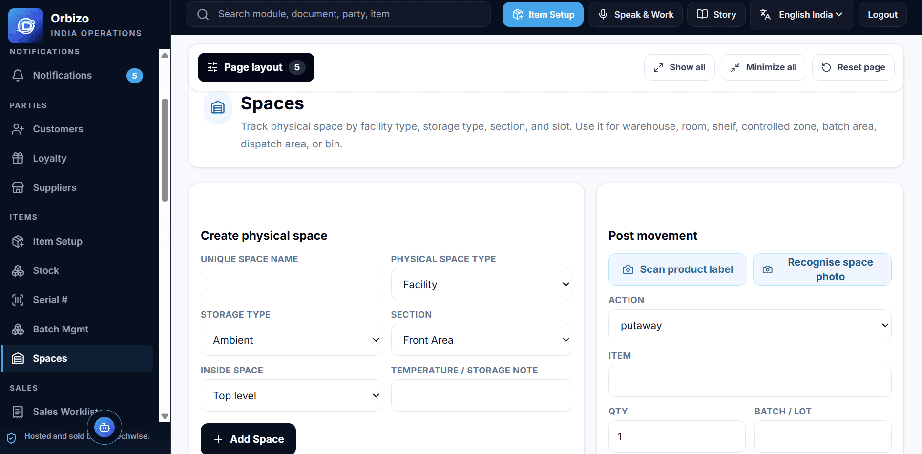 Spaces — facility → area → shelf → bin physical model.