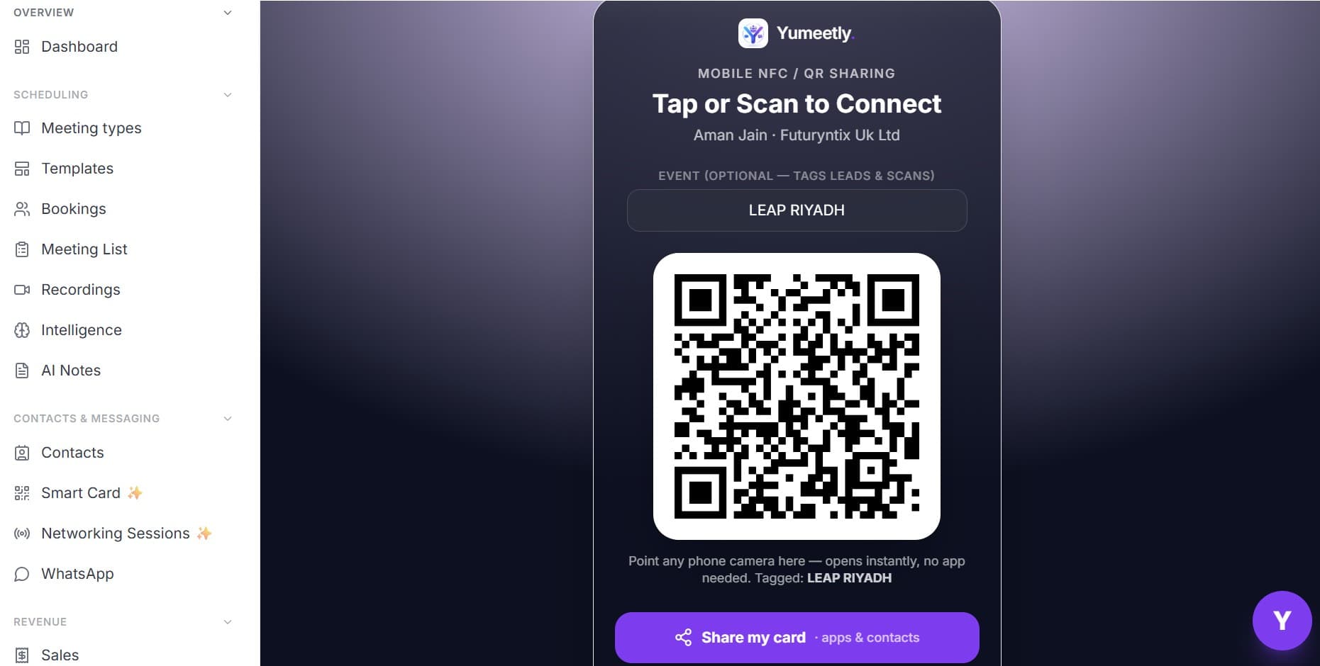 Yumeetly · Smart Card — NFC / QR sharing with event tagging