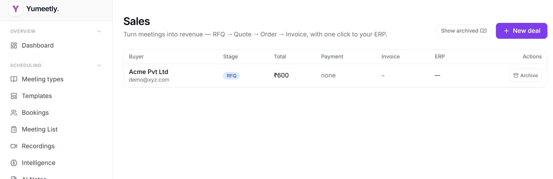 Yumeetly · Sales — Turn meetings into revenue — RFQ → Quote → Order → Invoice → ERP